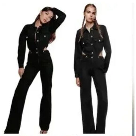 Zara Pants - Zara black jumpsuit side cutout long sleeve full length denim L